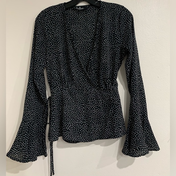 Lulu's Love is Enough Polka Dot Black White Wrap Top Bell Sleeves Size S - Picture 4 of 16